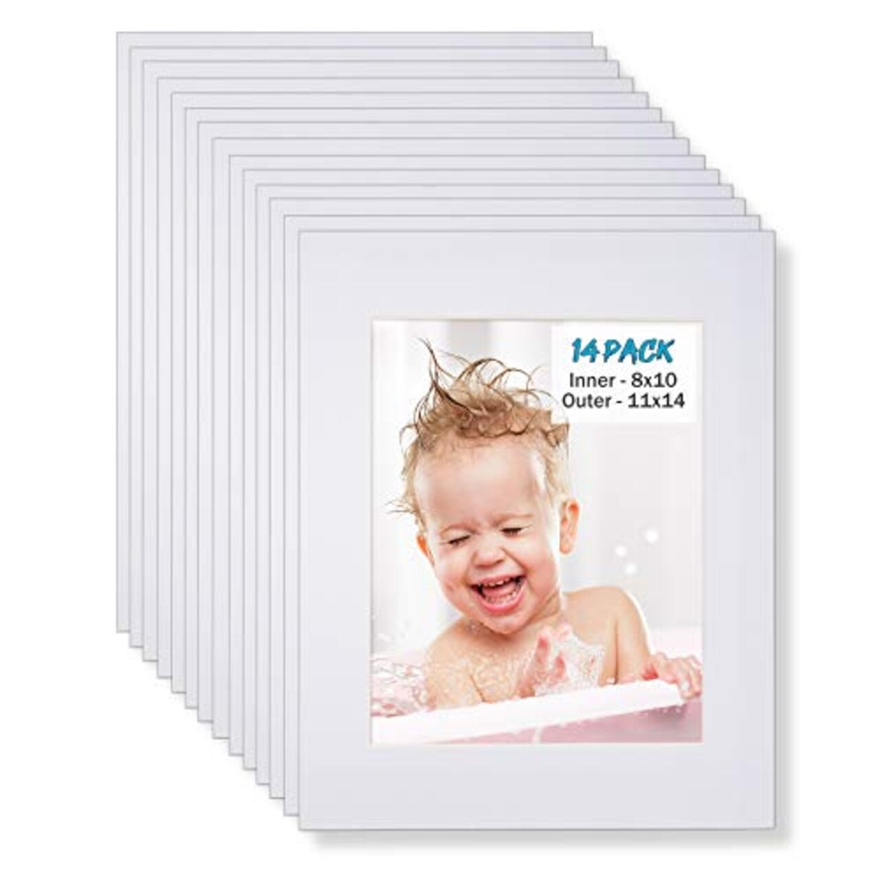 11x14 White Picture Mats Pack of 14, Frame Mattes for 8x10 Pictures, Acid Free, 1.2mm Thickness, with Core Bevel Cut